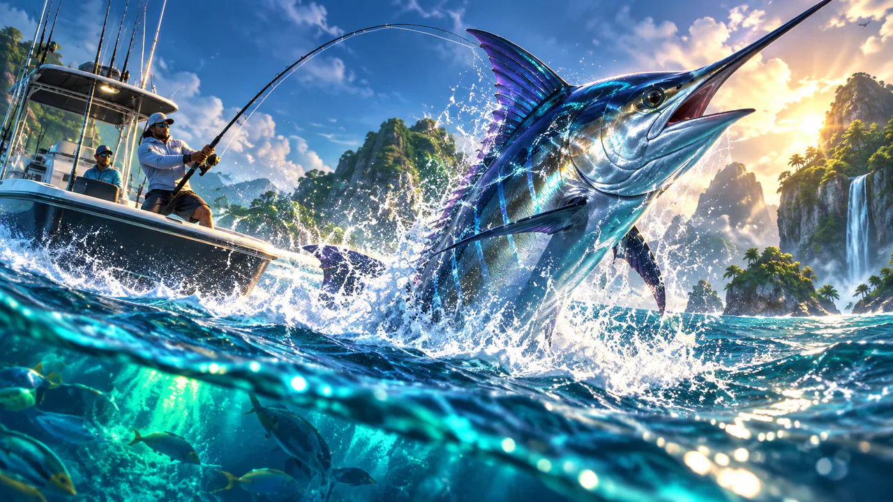 Original tropical fishing artwork for a collector-feature review