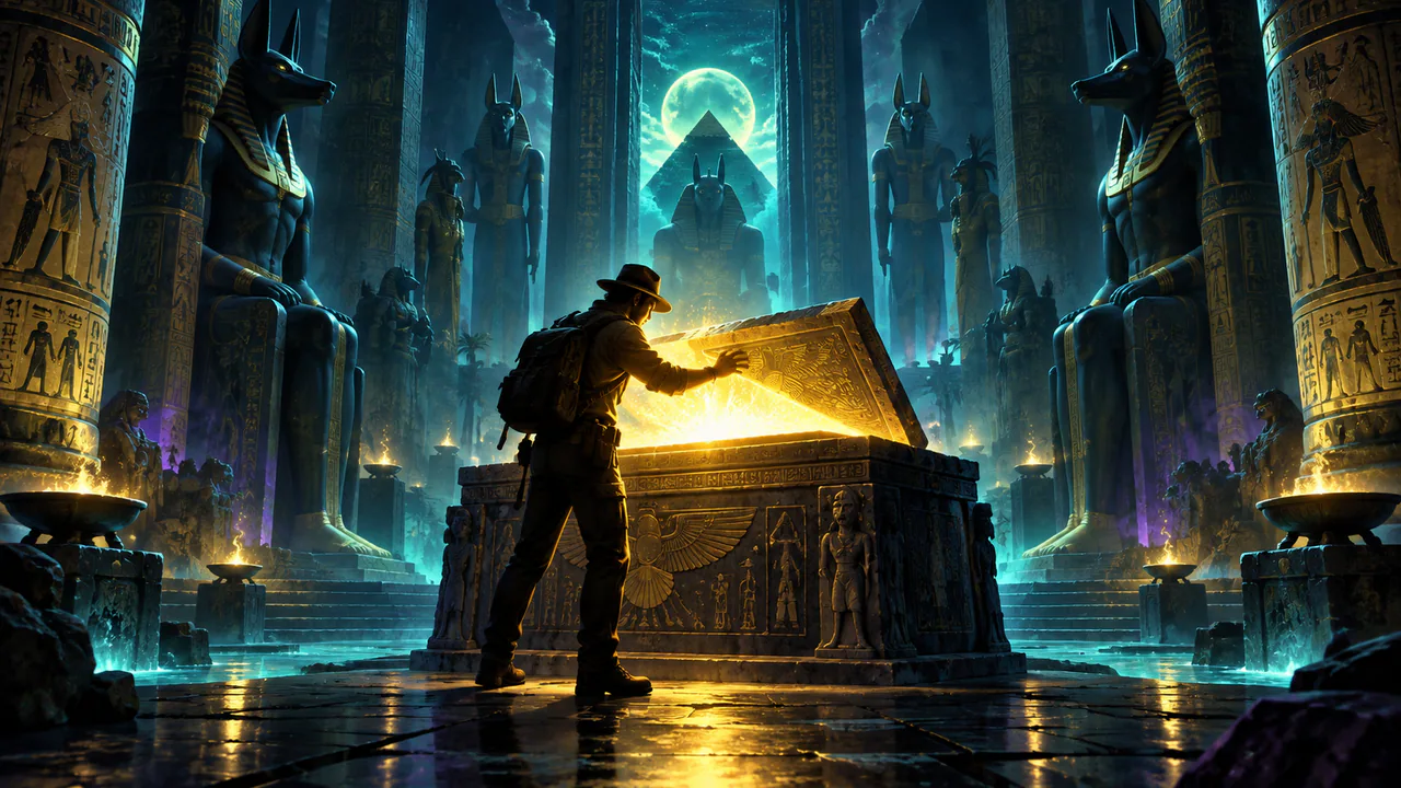 Original Egyptian temple expedition artwork for an expanding-symbol review