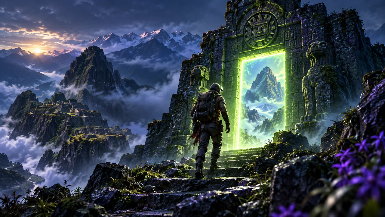 Original mountain-ruin expedition artwork for an avalanche game review
