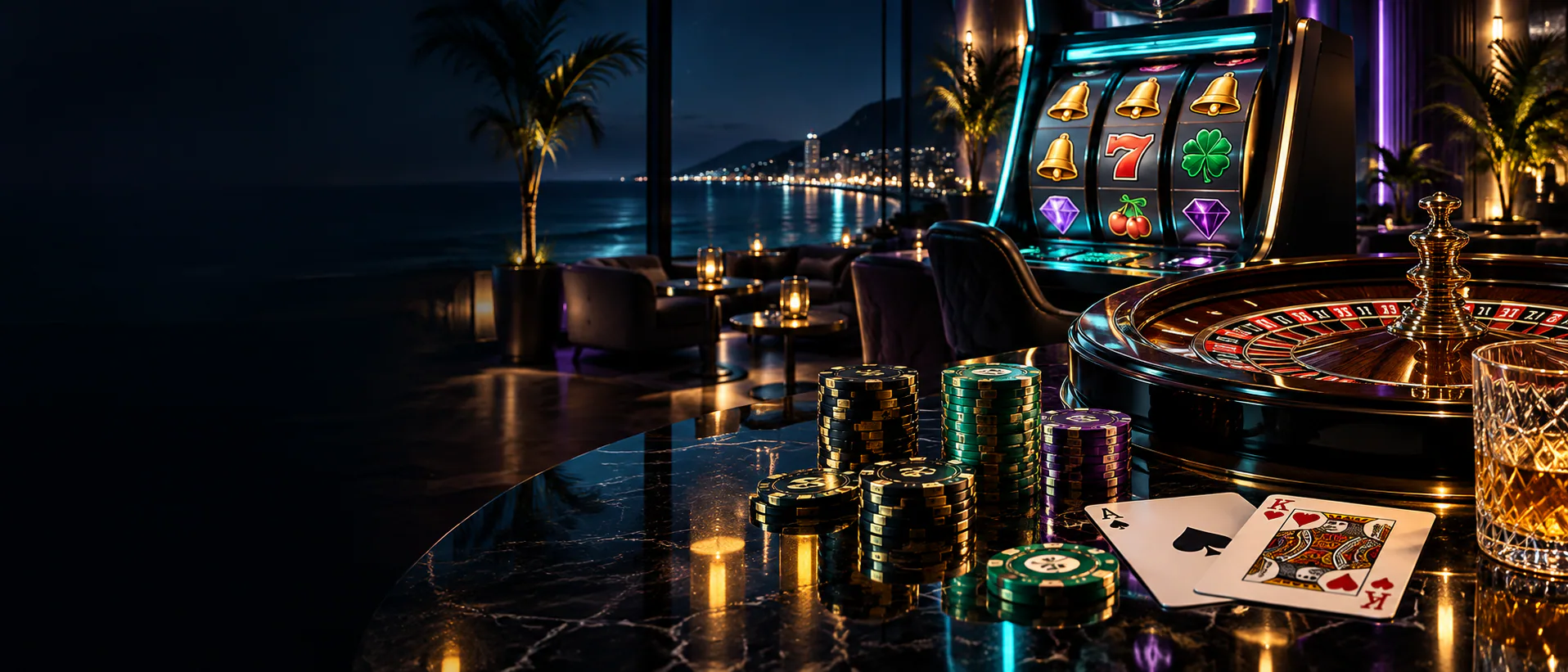 Luxury coastal casino lounge with slot machine, roulette wheel, cards and gaming chips