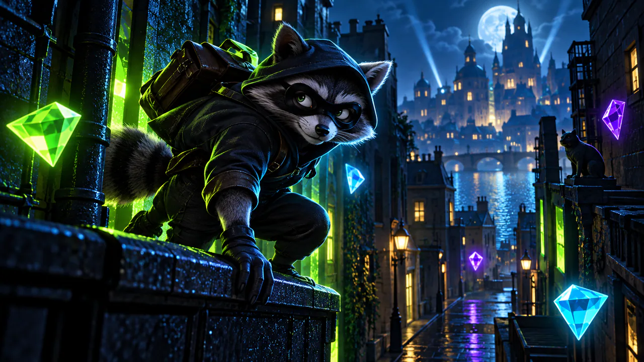 Original neon-noir raccoon artwork for a cluster game review
