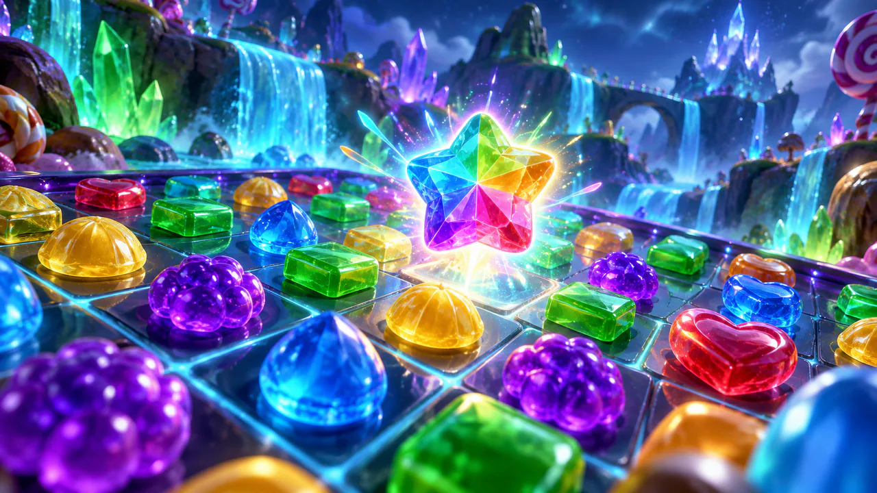 Original crystalline candy-grid artwork for a cluster game review